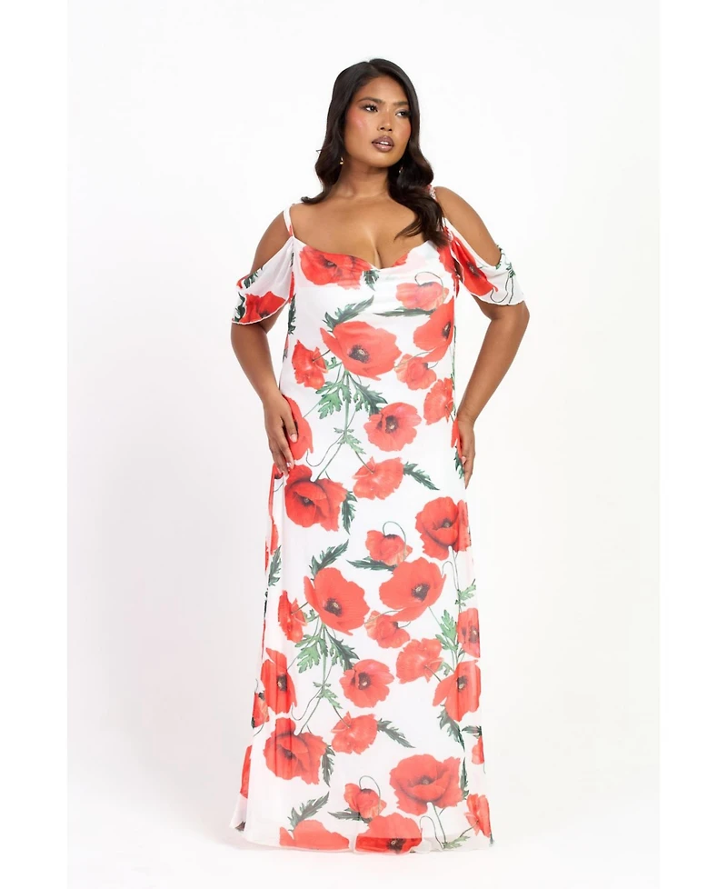 Fashion-szn Curve Women's Cold Shoulder Poppy Print Strappy Dress