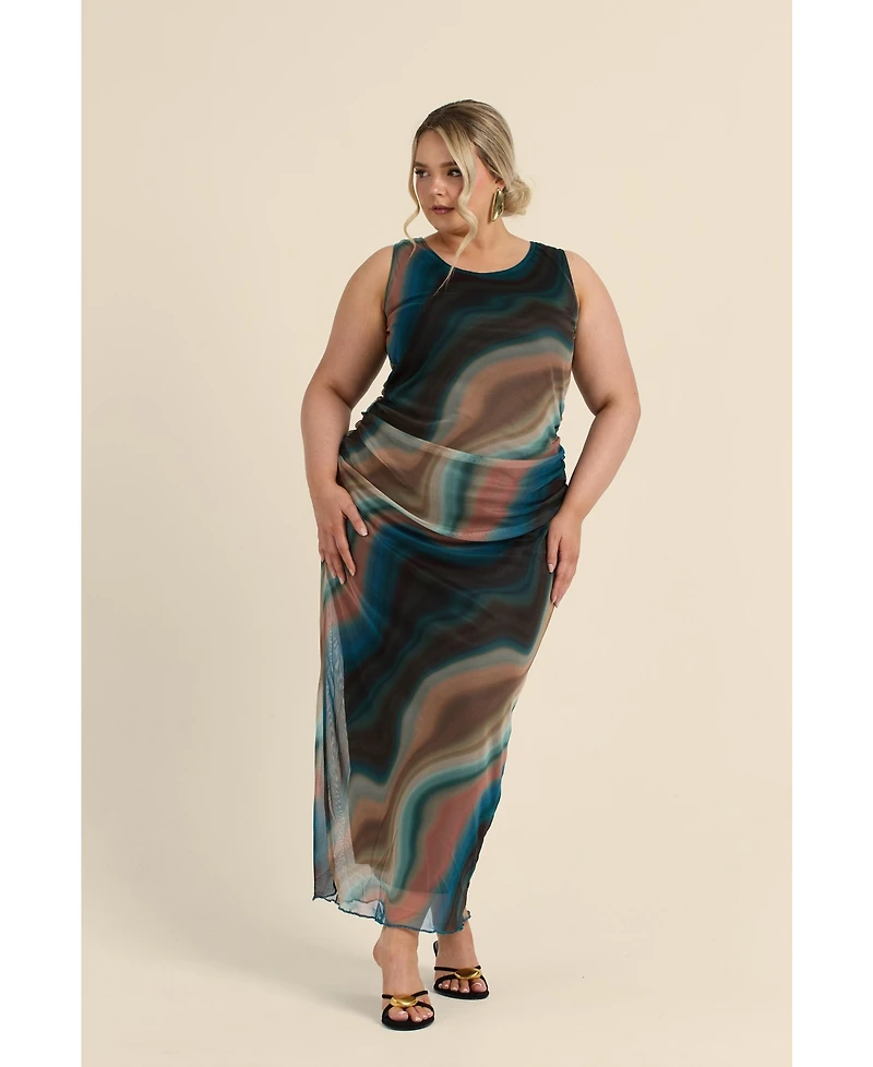 Fashion-szn Curve Women's Sleeveless Mesh Swirl Print Midaxi Dress