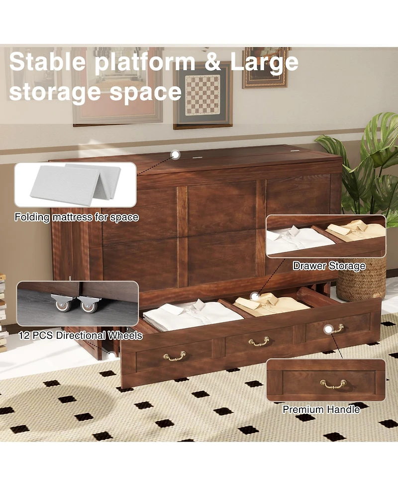 Livelylodge Solid Wood Queen Murphy Bed Cabinet,Usb Port & Large Drawer for Home/Guest Room(No Mattress)