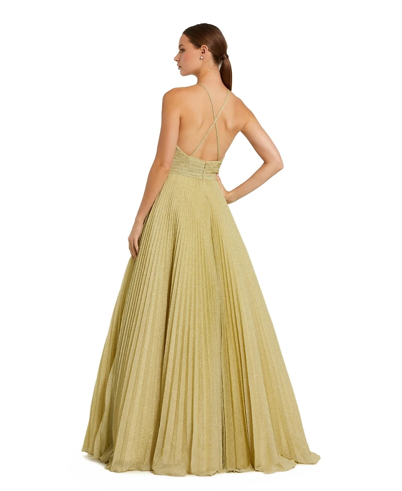 Mac Duggal Women's Shimmering Pleated Georgette High Neck Gown