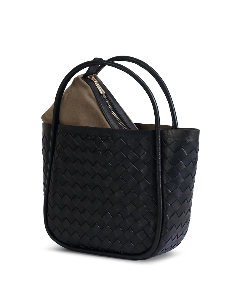 Women's Black Woven Leather Top Handle Bag