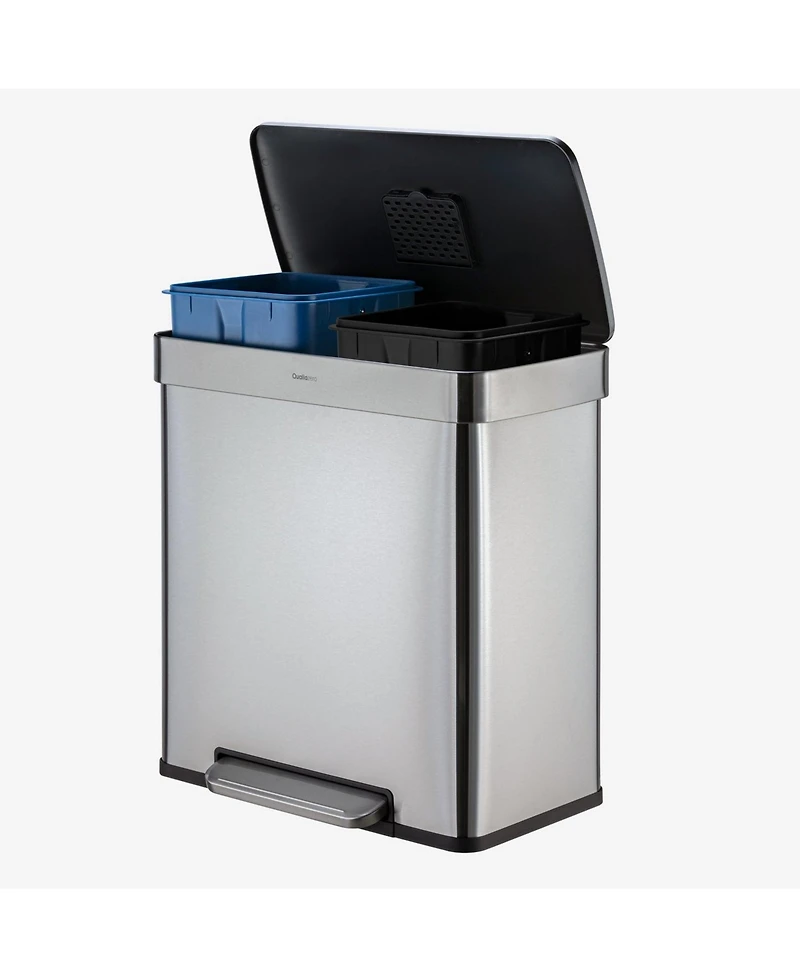 Qualiazero 60L / 16 Gal (30L/8 Gal Split) Rectangular Recycle Step Can - Stainless Steel with Black Plastic Lid