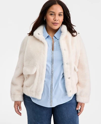 On 34th Trendy Plus Solid Faux-Fur Bomber Jacket, Macy's Exclusive