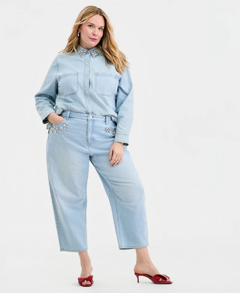 On 34th Trendy Plus Embellished Cropped Barrel-Leg Jeans, Macy's Exclusive