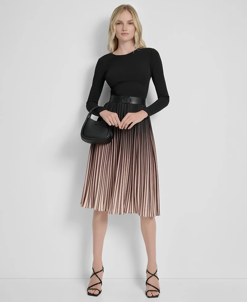 Dkny Ombre Sunburst Pleat-skirt Long-sleeve Midi Dress