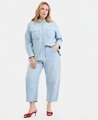 On 34th Trendy Plus Size Embellished Collar Denim Shirt Embellished Cropped Barrel Leg Jeans Macys Exclusive