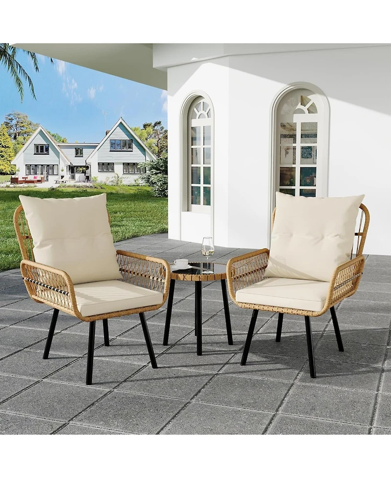 gaomon 3 Piece Patio Bistro Set, Outdoor Wicker Conversation Set with Round Glass Top Coffee Table and Cushioned Chair, All-Weather Rattan Patio Furni