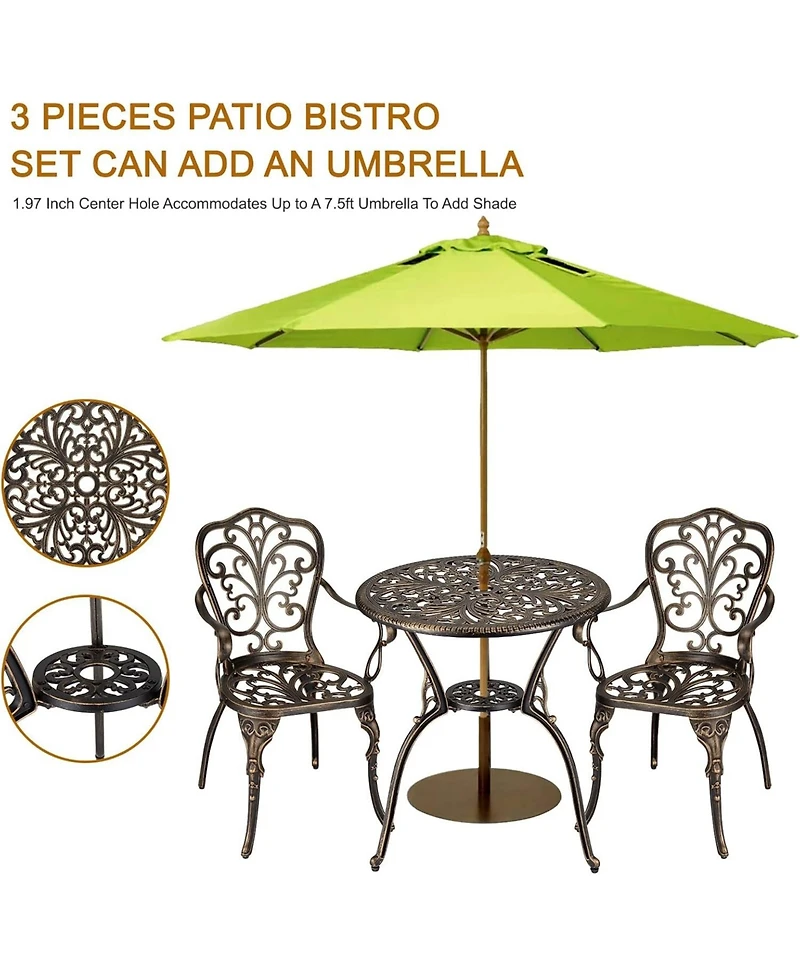 gaomon Patio Bistro Sets 3 Piece Outdoor Cast Aluminum Patio Bistro Set, Patio Table and Chairs Set of 2 with Umbrella Hole for Yard, Garden, Balcony,
