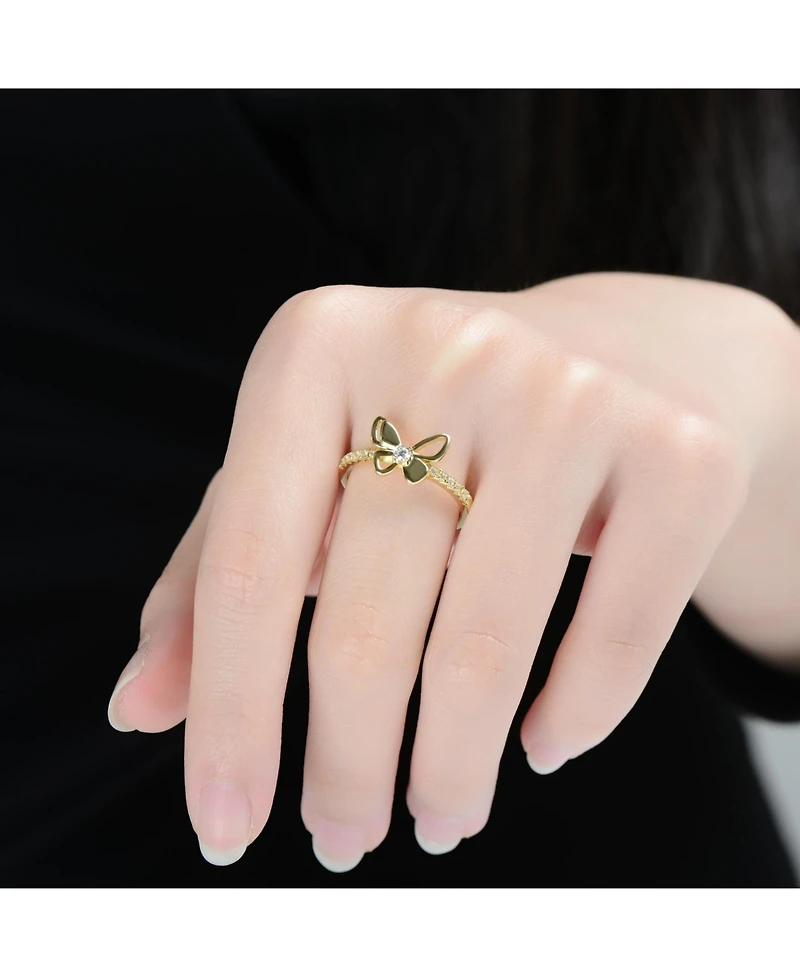 Rachel Glauber 14K Gold Plated with Clear Cubic Zirconia Butterfly Design Statement Ring