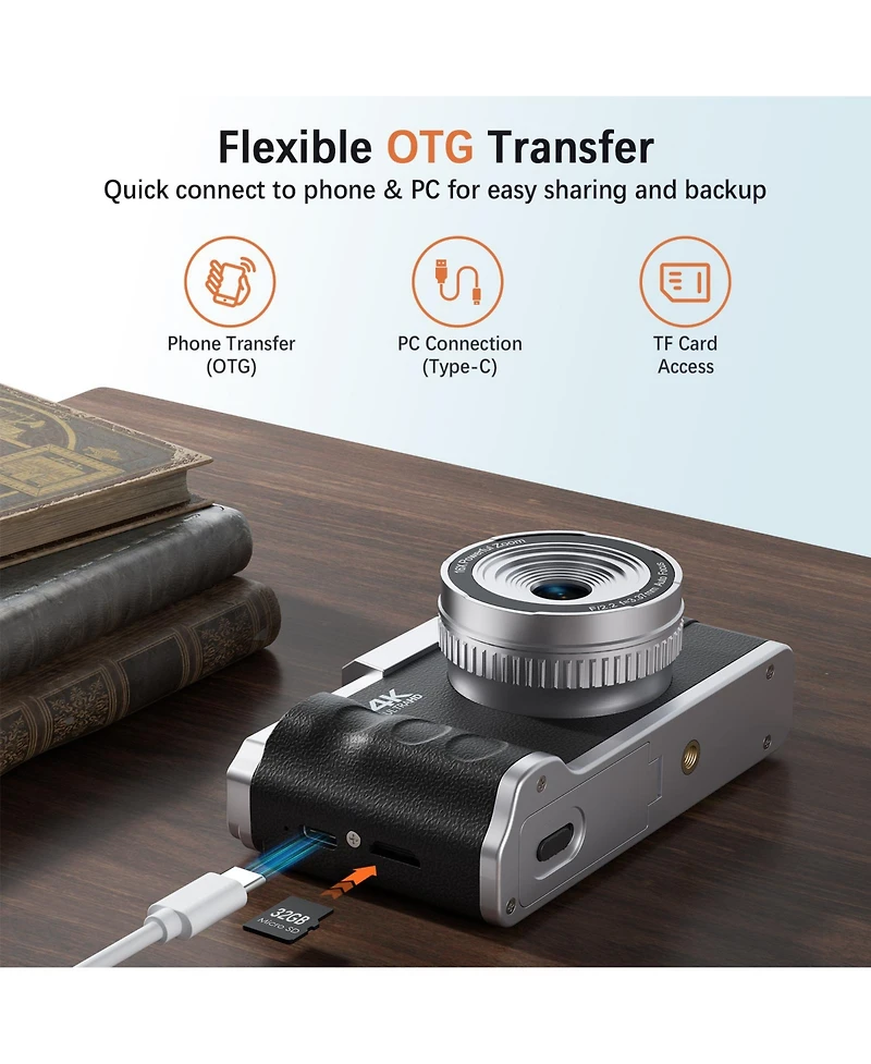 64MP Digital Camera with 4K Video, 16X Zoom, Flip Screen, Autofocus, Type-c Charging, and 32GB Card