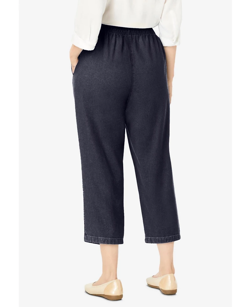 Woman Within Women's 7-Day Elastic-Waist Pull-On Cotton Denim Capri Jeans