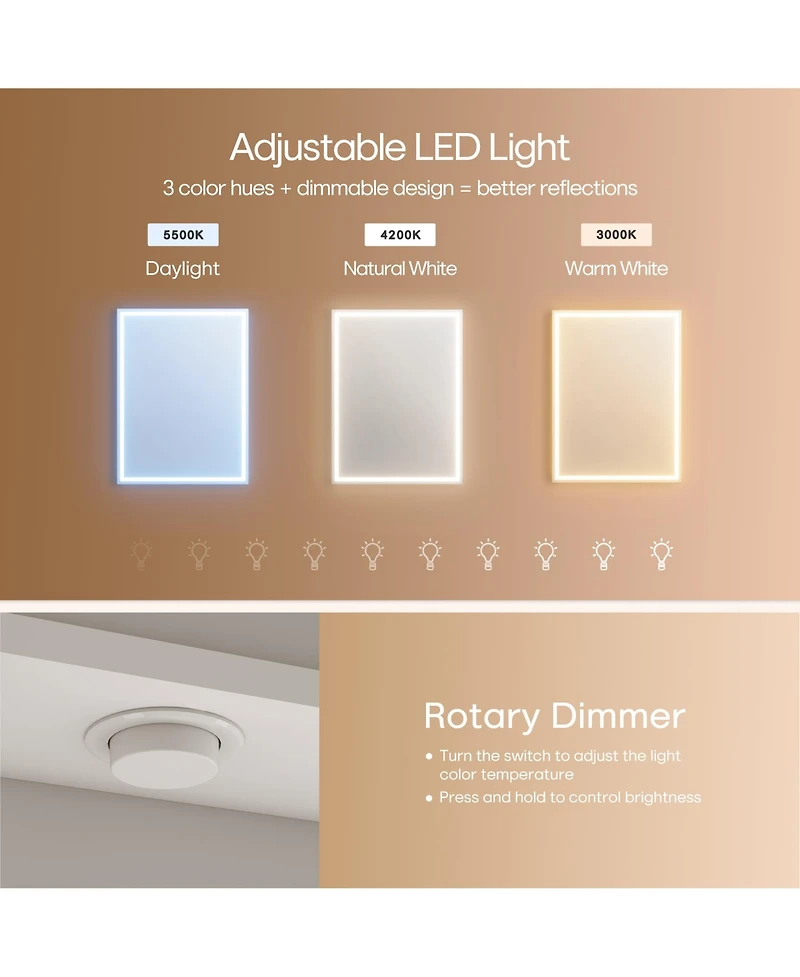 Hauschen Home 32x24 inch Led Lighted Medicine Cabinet with Mirror, Moisture-Resistant Wood, Stepless Dimmable, 3000K/5500K, Defogger, Adjustable Shelf