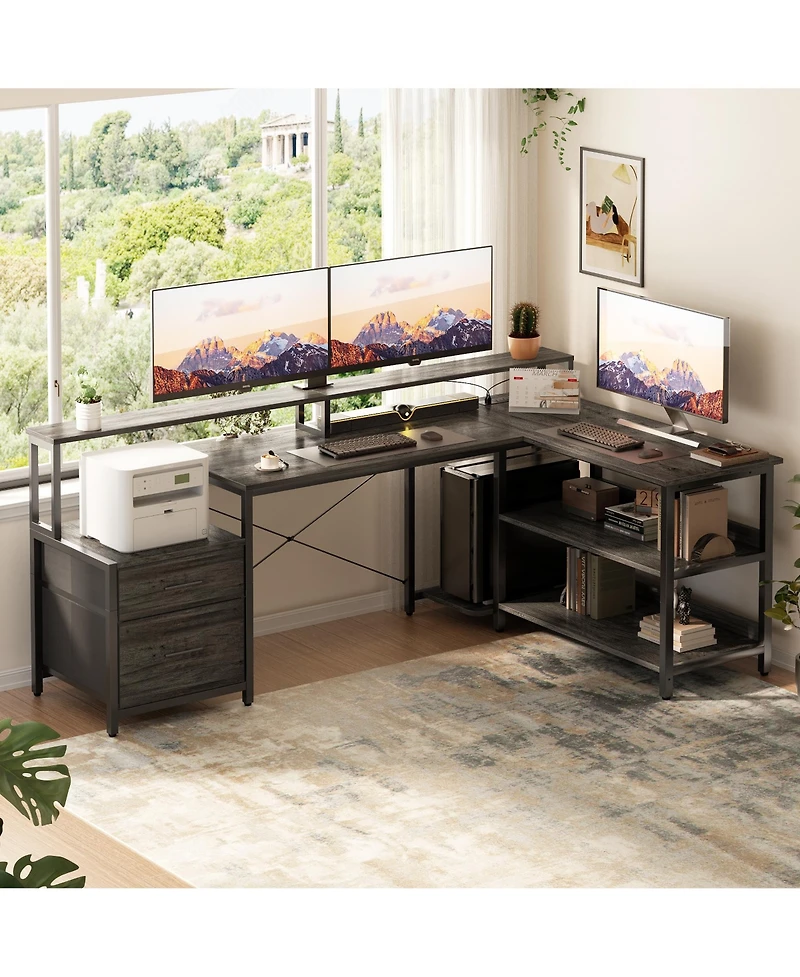 Aheaplus L-Shaped Computer Desk with Drawers and Monitor Shelf, Gaming Desks Led Strip