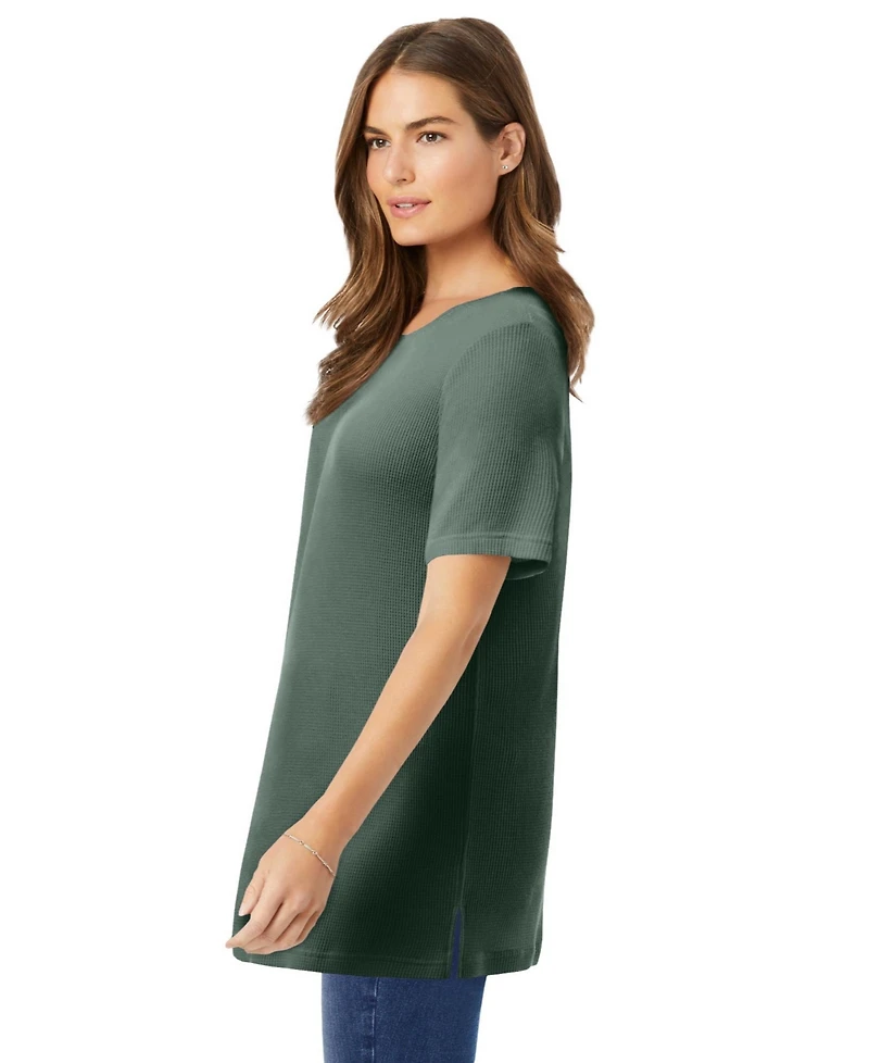 Woman Within Plus Waffle Thermal Satin Trim Tee