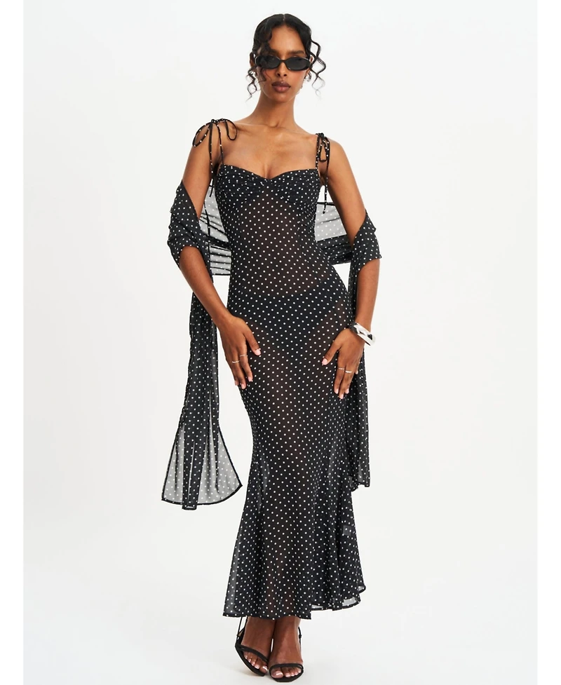 Miss Circle Women's Yadira Black Base Polka Dot Chiffon Maxi Dress