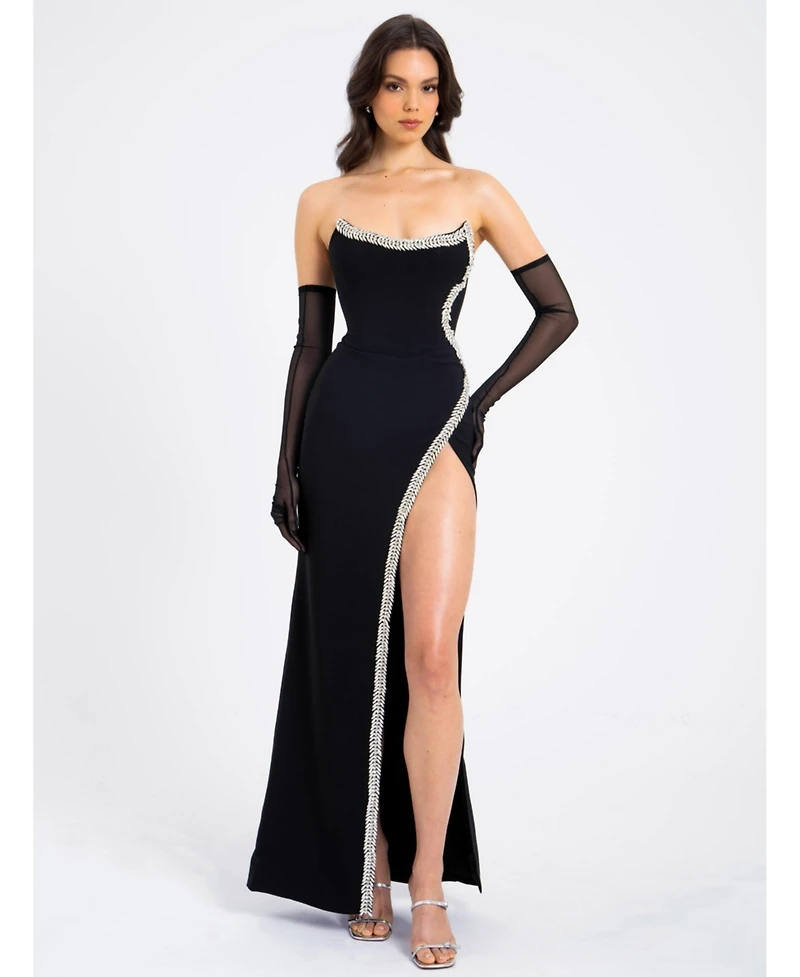 Miss Circle Women Xoana Black Crystal Embellished High Slit Gown