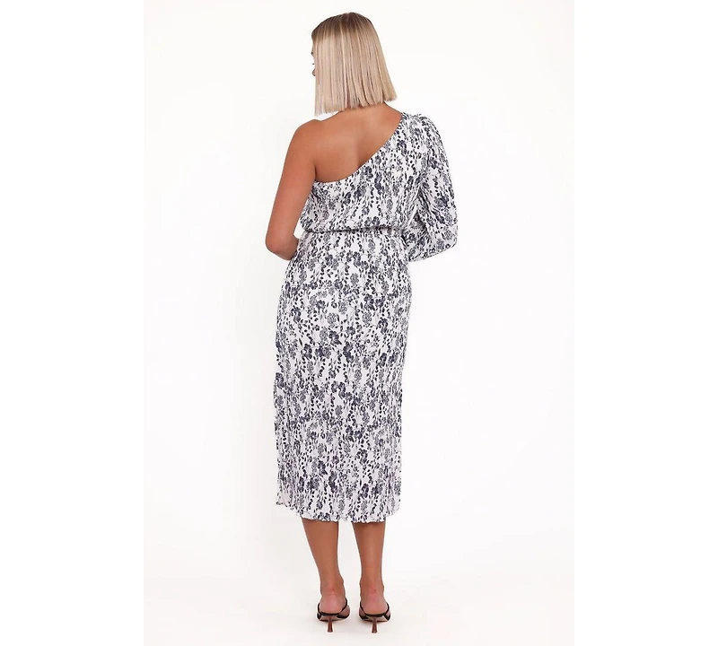 Petal and Pup Pontee One Shoulder Pleated Midi Dress - Navy Floral