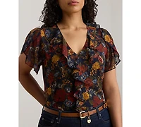 Lauren Ralph Plus Floral Ruffle-Trim Short Sleeve Top