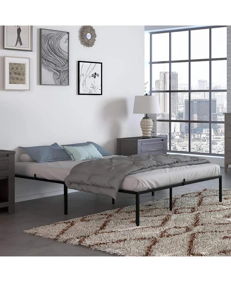 14 Inch Metal Queen Bed Frame with Rounded Corner, Heavy Duty Non-Slip Bed Frame with Steel Slats, No Box Spring Required Noise-Free Easy Assembly, 9-