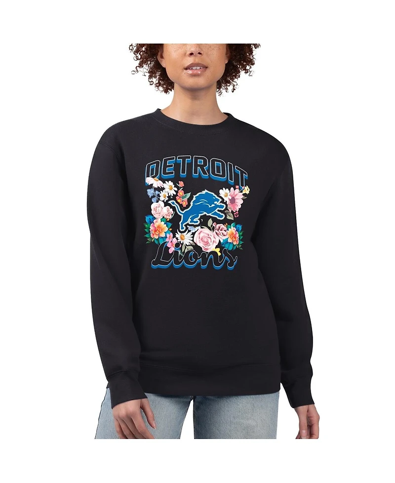 G-iii 4Her by Carl Banks Women's Black Detroit Lions Flower Logo Graphic Fleece Pullover Sweatshirt