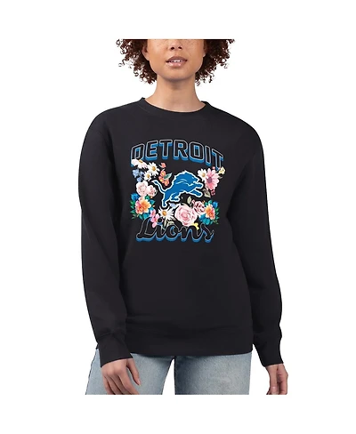 G-iii 4Her by Carl Banks Women's Black Detroit Lions Flower Logo Graphic Fleece Pullover Sweatshirt