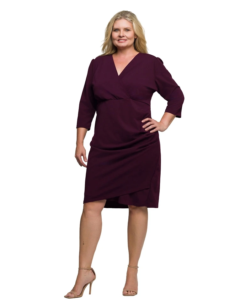24seven Comfort Apparel Plus Solid Color V Neck Faux Wrap Dress