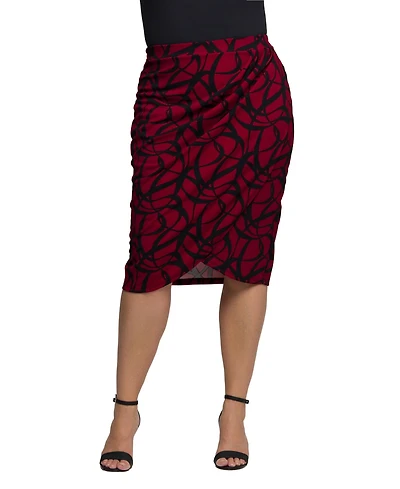 24seven Comfort Apparel Plus Burgundy Print Ruched Knee Length Skirt
