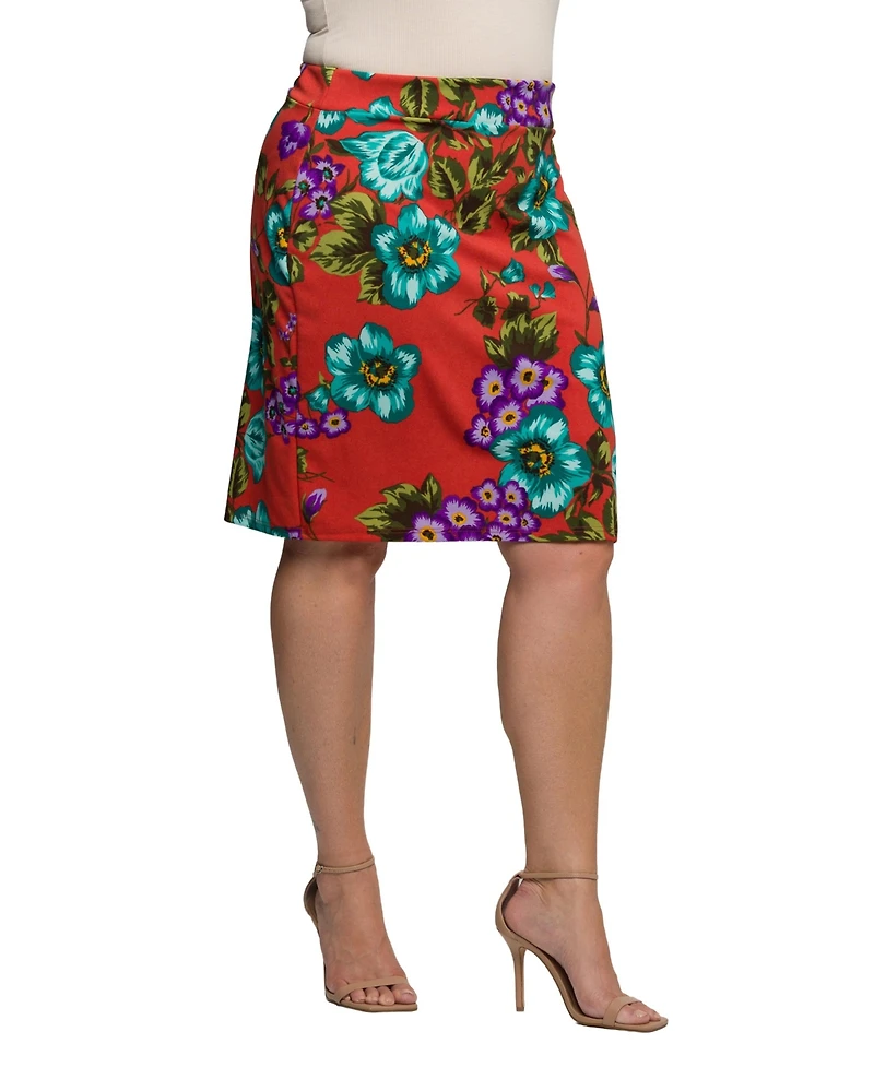 24seven Comfort Apparel Plus Orange Floral Print Knee Length Pencil Skirt