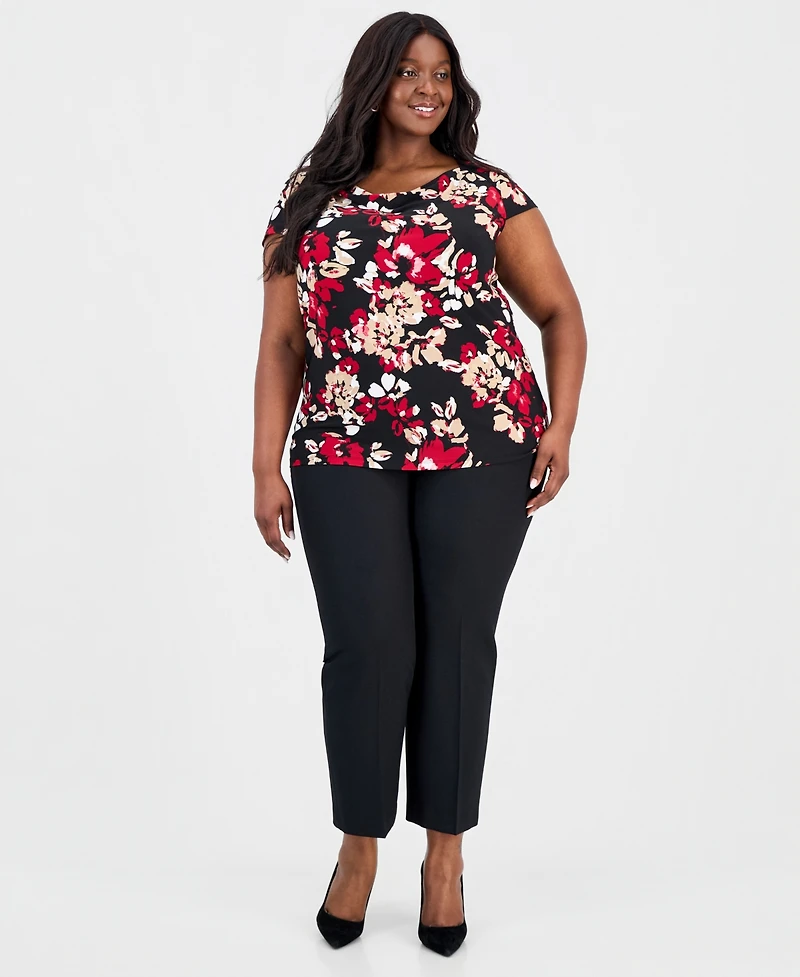 Kasper Plus Cowl-Neck Cap-Sleeve Top