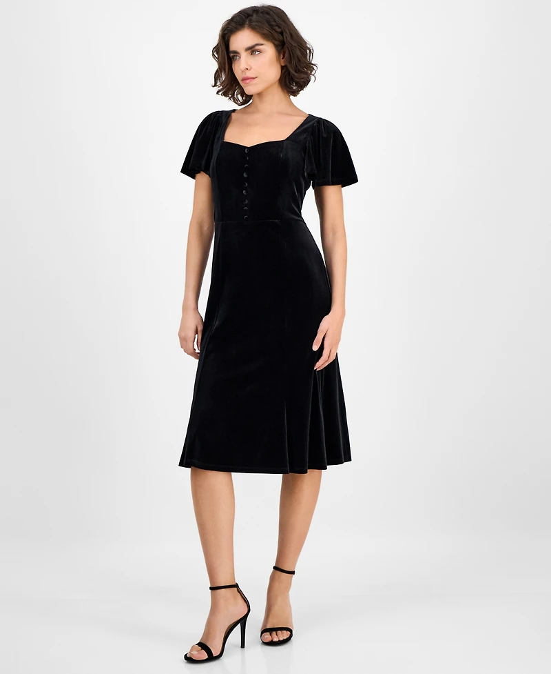 Anne Klein Women's Sweetheart-Neck Puff Sleeve Velvet Midi Dress