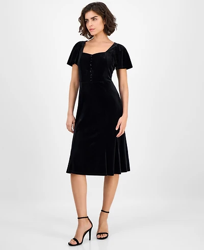 Anne Klein Women's Sweetheart-Neck Puff Sleeve Velvet Midi Dress