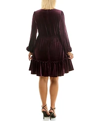 Taylor Plus V-Neck Long-Sleeve Smocked-Waist Velvet Dress
