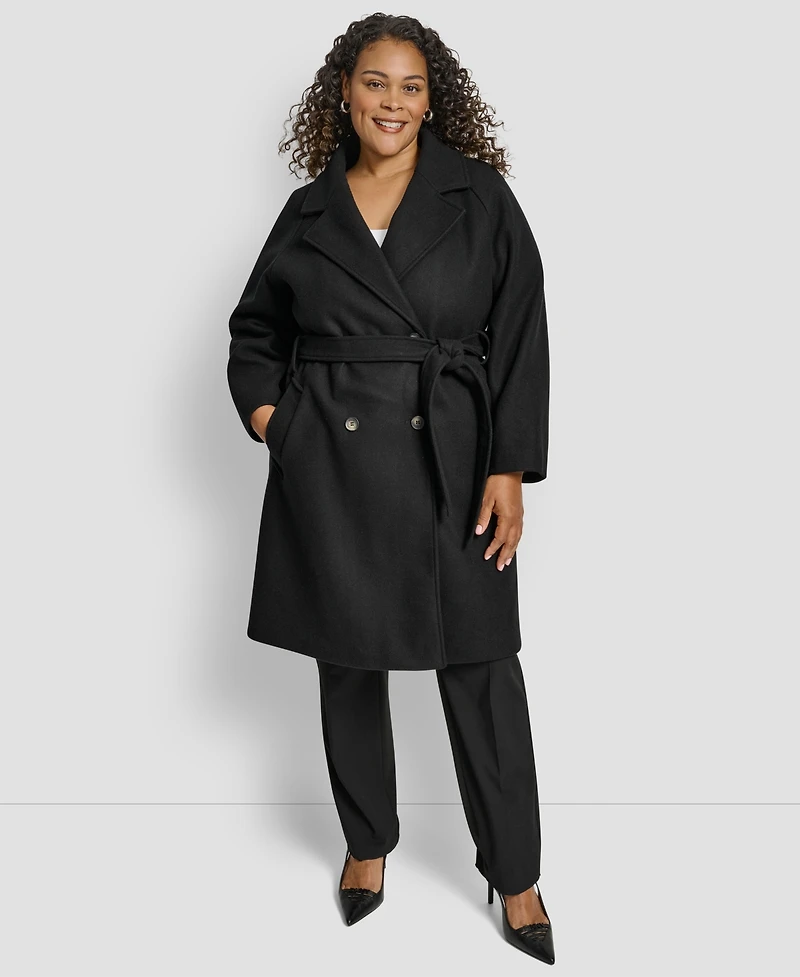 Dkny Plus Belted Notch Collar Coat