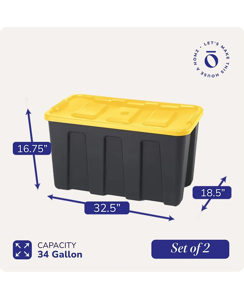 Homz 34 Gallon Durabilt Home Storage Container w/Lid, Black/Yellow (2 Pack