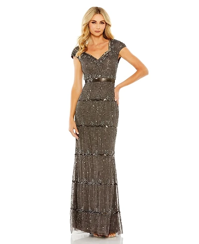 Mac Duggal Women's Cap Sleeve Sweetheart Neckline Beaded Sequin Column Gown