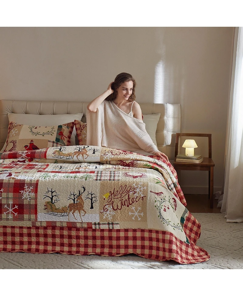 MarCielo 3 Piece Christmas Quilt Bedspread Set Rustic Cabin Lodge Quilt B010
