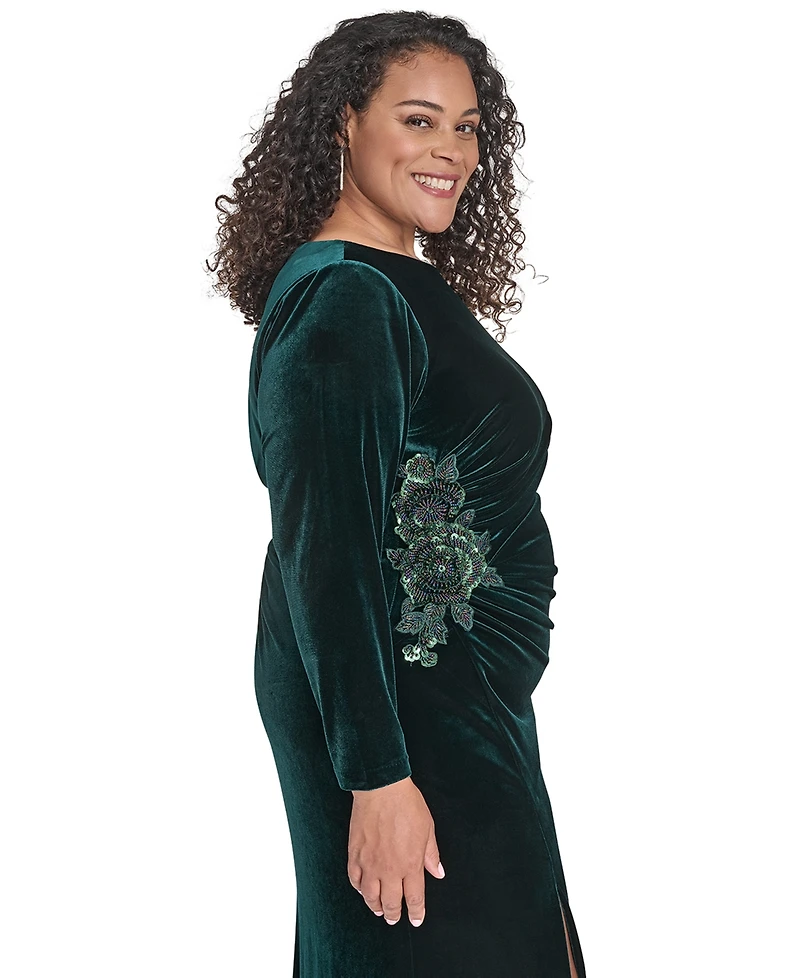 Eliza J Plus Side Ruched Jewel Neck Long Gown