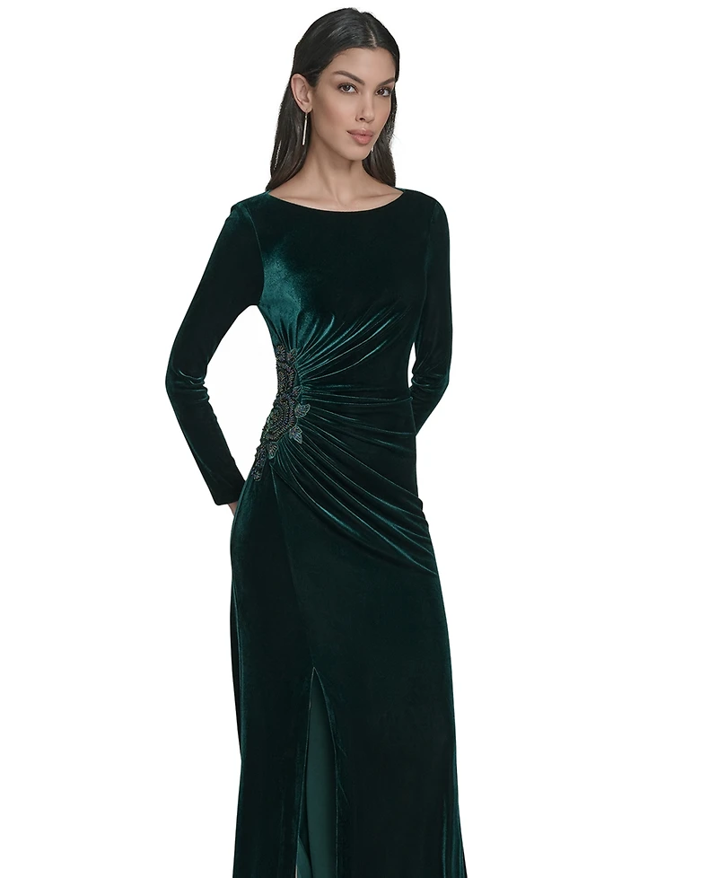 Eliza J Petite Side Ruched Long Sleeve Gown