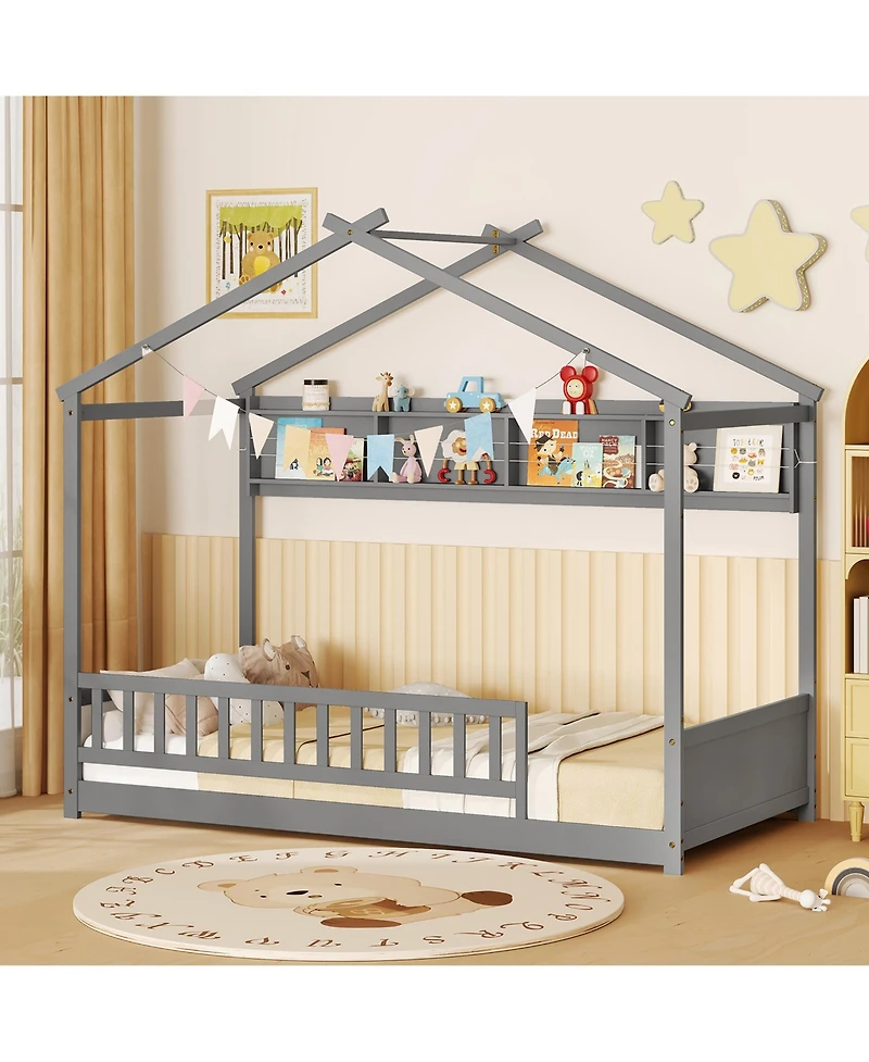 Gymax Twin Size House Bed w/Storage Shelf Headboard & Guardrail Wooden Slat Support