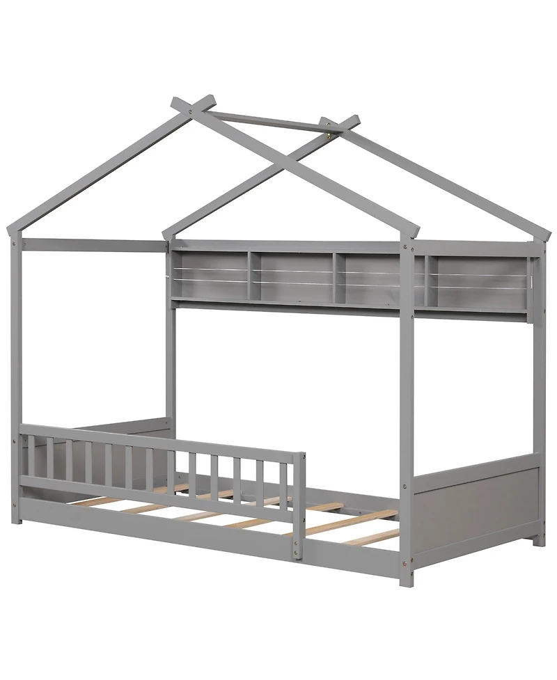 Gymax Twin Size House Bed w/Storage Shelf Headboard & Guardrail Wooden Slat Support