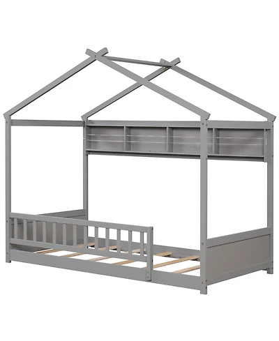 Gymax Twin Size House Bed w/Storage Shelf Headboard & Guardrail Wooden Slat Support