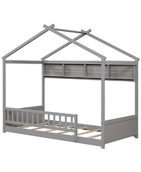 Gymax Twin Size House Bed w/Storage Shelf Headboard & Guardrail Wooden Slat Support