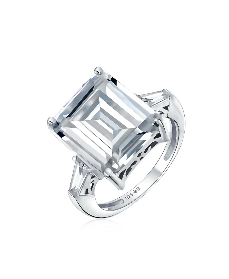 Bling Jewelry Art Deco Style 7CT Cz Emerald Cut Solitaire Statement Ring Sterling Silver Baguette Side Stones