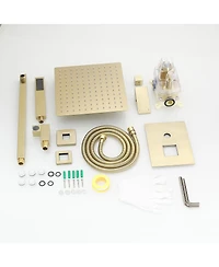 Greenspring Luxurious Single Handle 2-Spray 10 in. Wall Mount Square Shower Head with Hand Shower Faucet in Brushed Gold