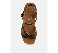 Sephone Woven Square Toe Wedges Sandals Women