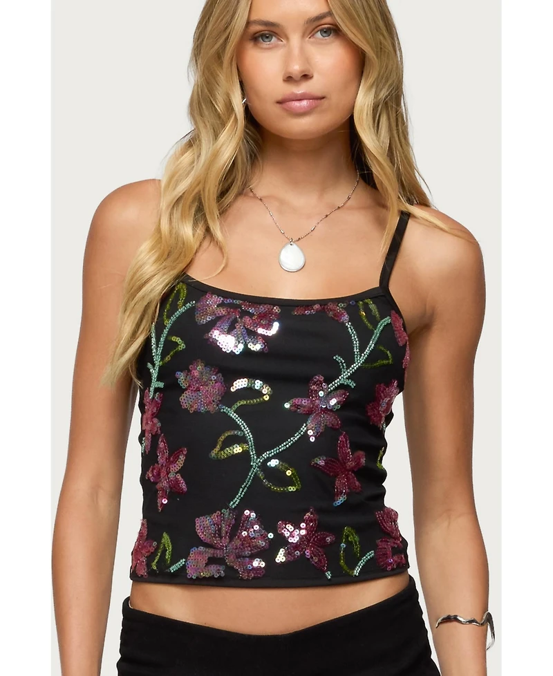 Edikted Womens Beaded Floral Embroidered Tank Top