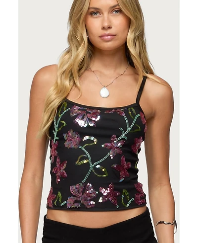 Edikted Womens Beaded Floral Embroidered Tank Top