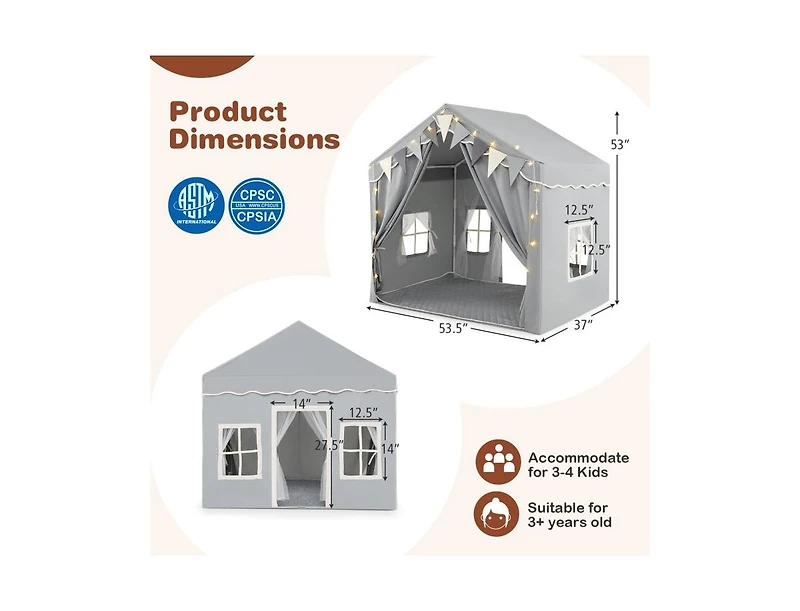 Large Play Tent House for 3-4 Kids with 2 Doors & Star Lights – Gray