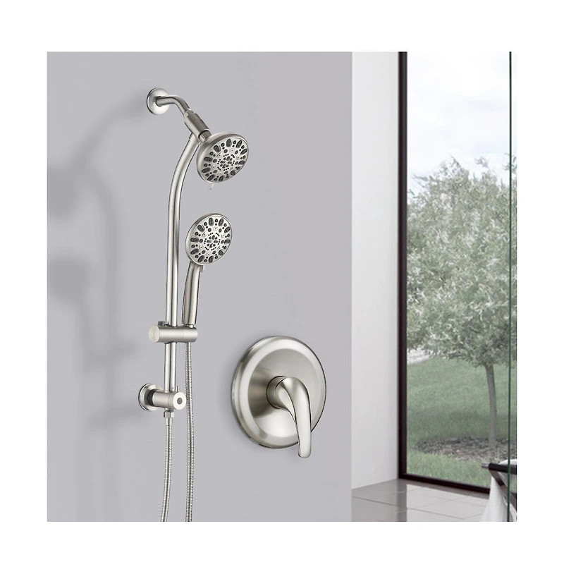 Rainsken Drill-Free Stainless Steel Slide Bar Combo Rain Showerhead 7-Setting Hand, Dual Shower Head Spa System (Rough-in Valve Included)