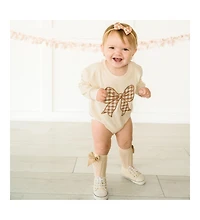 Sweet Wink Baby Girl Gingham Bow Patch Long Sleeve Romper